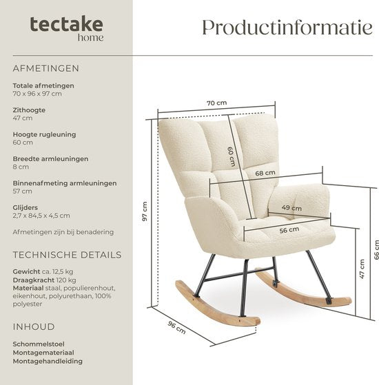 tectake Schaukelstuhl Torve - Gepolsterter Bouclé-Stoff-Schaukelstuhl im Scandi-Stil - Entspannungssessel mit Holzgleitern, weicher Polsterung und hoher Rückenlehne für optimalen Komfort - 70 x 96 x 97 cm - Beige