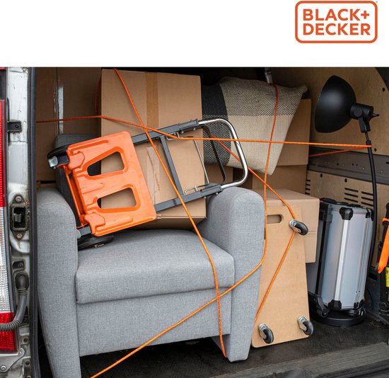 BLACK+DECKER Zurrgurt 15 Meter - Inkl. Zurrgurt Oproller - Zurrgurt - Transportseil - Elastisches Seil - mit reflektierenden Teilen - Transportmanagement - Nylon/ Kunststoff - Orange/Schwarz