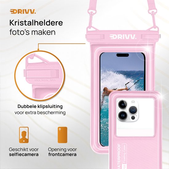 Drivv. Wasserdichte Luxus-Telefonhülle - schwimmend - doppelter Clip-Verschluss - bis zu 6,8 Zoll - Unterwasser-Telefonhülle - Pink