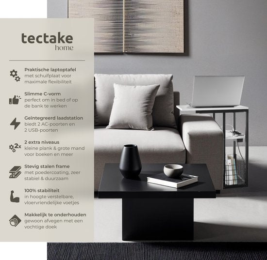 tectake Laptoptisch mit Ladestation - Inkl. Steckdose - C-förmiger Computertisch - Beistelltisch - Nachttisch - Mit Zeitungsständer und extra Ablage - Weiß
