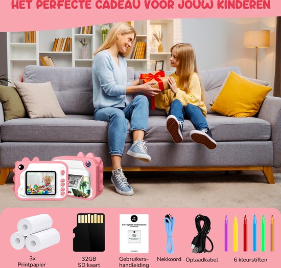 K&L® 3 IN 1 Digitale Kinderkamera + Sofortdruck + Spielkamera - 32GB micro sd Karte - Kamera Kinder - Vlog Kamera mit Spielen - Fotokamera für Kinder - Kleines Spielzeug - Mit Videofunktion - Pink