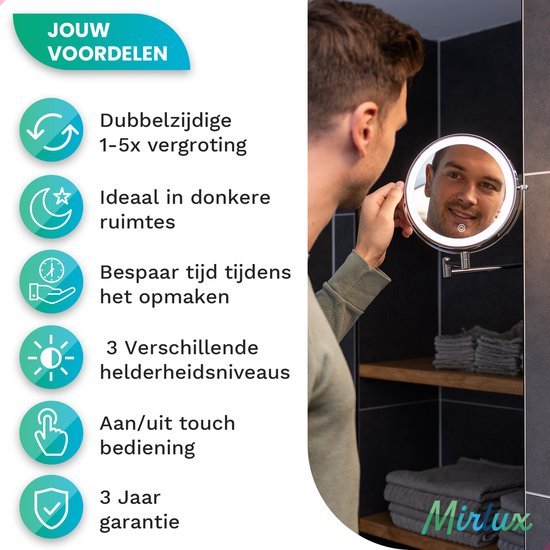 Mirlux Make-up-Spiegel - Mit LED-Beleuchtung - 5fache Vergrößerung - Rasierspiegel