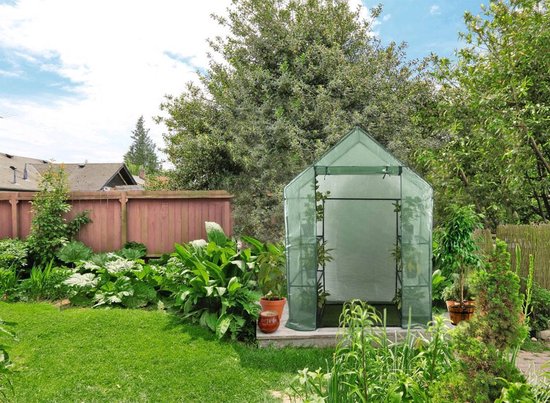 Kinzo Gartengewächshaus - Kunststoffgewächshaus - Gartengewächshaus mit 3 Etagen - Metallrahmen - wasserdichte Abdeckung - 143 x 73 x 195 CM - Grün