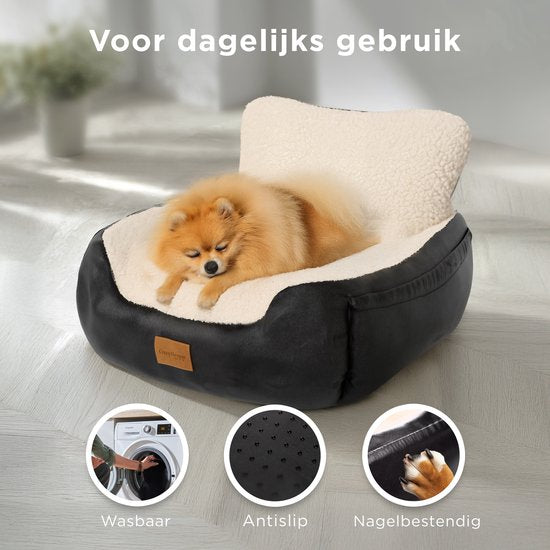 CozySense® Hundeautositz - Hundekorb Auto für kleine Hunde - Vorder- und Rücksitz - mit Sicherheitsgurt, Staufach und waschbarem Bezug - Schwarz/Beige