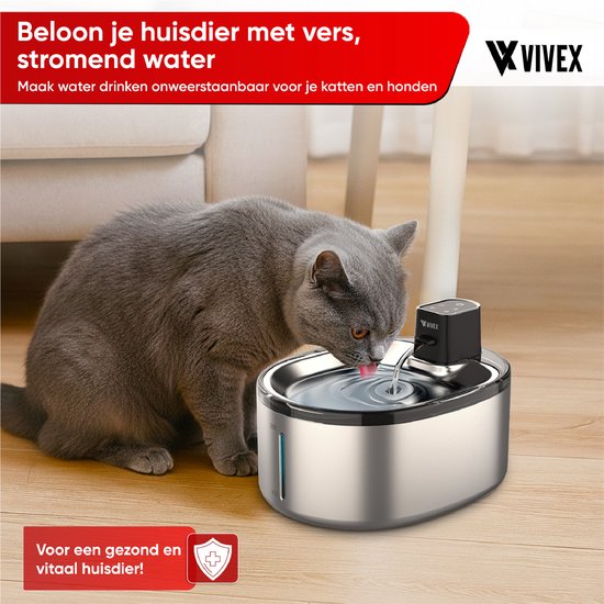 Vivex® Kabelloser Trinkbrunnen - Edelstahl - 4,5 Liter - Trinkbrunnen für Katzen und Hunde - Mit Sensor und Batterie - Inkl. 6 Filtern und Reinigung - Flüsterleise