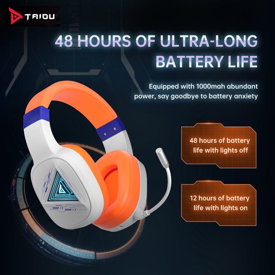 TAIDU THS320Pro Wireless Gaming Headset - 2.4GHz - Bluetooth 5.2 - Mikrofon - Multiplattform - Weiß Orange