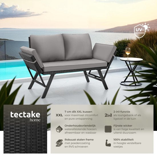 tectake® 2-in-1 Geflecht-Gartenbank Sintra - Verstellbare Handläufe - Gartenset - Liege - Balkon-Lounge-Bank - Inkl. Kissen - Outdoor-Lounge-Sofa - UV- und witterungsbeständige Sonnenliege - Hellgrau/Schwarz