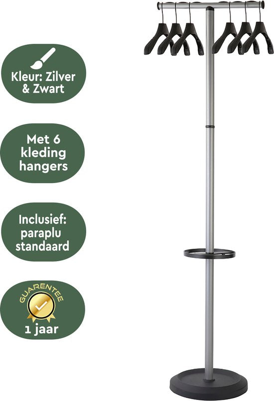 BRASQ Garderobenständer Stockholm CS500 - Stehende Garderobe mit 6 Kleiderbügeln + Schirmhalter - Schwarz