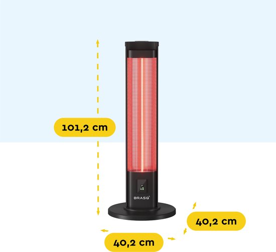 BRASQ Elektrischer Terrassenheizer stehend - 2000 Watt - 3 Heizstufen - Mit Fernbedienung und Timer - Infrarotheizung - Spritzwassergeschützt - Für innen und außen - Schwarz