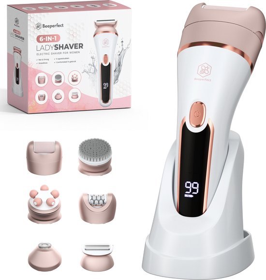 Beeperfect® 6 in 1 Ladyshaves für Frauen - Epilierer - Damenrasierer - Bikini-Trimmer - Wiederaufladbar - Wasserdicht - 6 Aufsätze