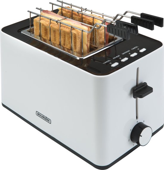 Bourgini Toasti Toaster - Toaster mit Toasti-Klemmen - Weiß - Extra breiter Schlitz für 2 getoastete Sandwiches - Einstellbare Bräunungsstufe und Auftaufunktion