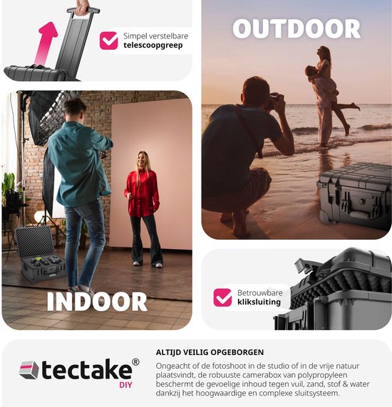 tectake - Transportkoffer auf Rädern mit Teleskopgriff - Fotokoffer - Kamerakoffer 45 x 26 x 58 cm - 2 Druckknöpfe - Abschließbar mit Vorhängeschloss