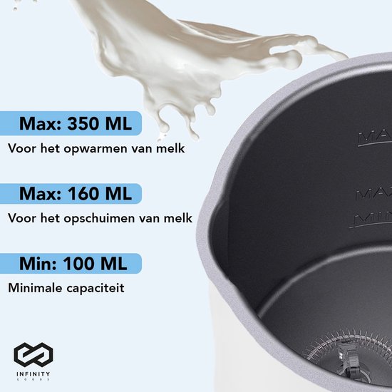 Infinity Goods 4-in-1 Elektrischer Milchaufschäumer - 350 ml - Aufschäumen und Erhitzen - Cappuccino - Spülmaschinenfest - Weiß