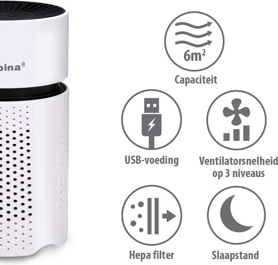 alpina Mini-Luftreiniger mit HEPA-Filter H13 - Luftreiniger mit Ionisator für Räume 6m2 - Luftreiniger mit USB für Innen und Außen - Luftreiniger 1.5W - Weiß