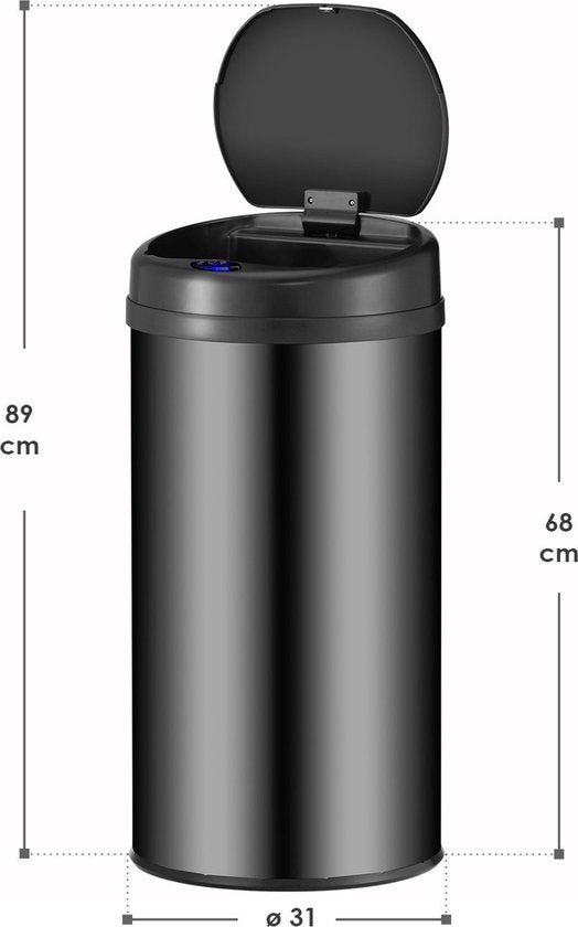 Juskys - Sensor-Mülleimer rund - 40 l & Ø 31 x 68 cm - Ausgestattet mit Automatik-Deckel und Klemmring - Für die hygienische Abfallentsorgung in der Küche - Schwarz pulverbeschichteter Stahl