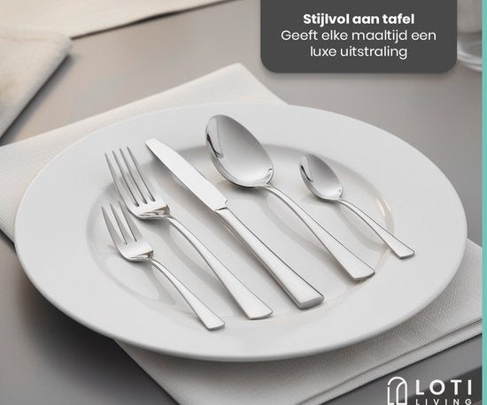 Loti Living Besteck-Set 30-teilig - 6 Personen - Besteck-Set 6 Personen - Löffel, Messer, Gabeln, Kuchengabeln - Spülmaschinenfestes Besteck - Hochwertiger Edelstahl - Edelstahl