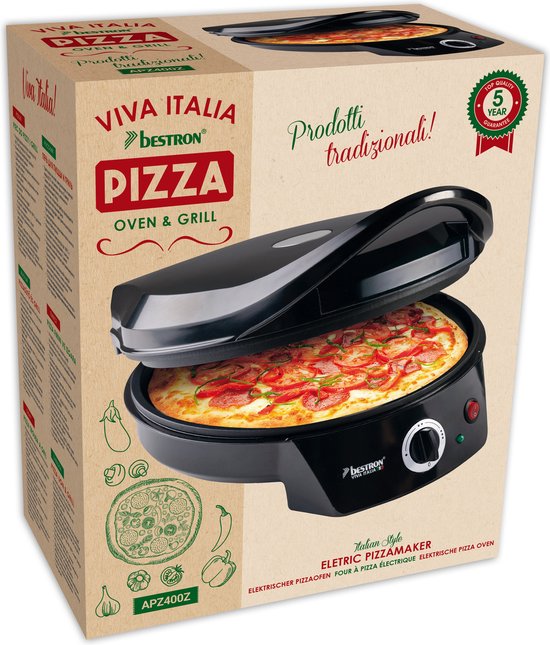 Bestron Pizzaofen - APZ400Z - Maximal 230°C - Ø27 cm - Schwarz - Kann auch als Tischgrill verwendet werden - 5 Jahre Garantie