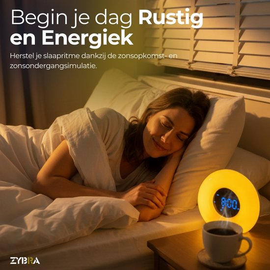 Zybra® Premium Wake Up Light - Digitaler Wecker - Lichtalarm - Nachtlicht - Wecker - 20 Helligkeitsstufen - 25 weiße Geräusche - Inkl. niederländischer Anleitung