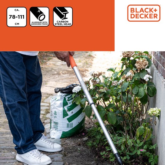 BLACK+DECKER Harke - Teleskop-Gartenharke - Ausziehbarer Stiel von 78 bis 111 CM - Laubharke - Gartengeräte Aluminiumstiel und Kohlenstoffstahlkopf - Rostfrei - Silber/Schwarz