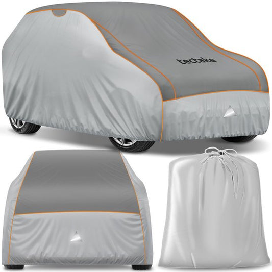 tectake® Car Cover - Outdoor Autosegel - Hagelschutz - Wasserdichte Decke mit 3 verstellbaren Gurten - Atmungsaktiv - Autoschutzdecke mit Aufbewahrungstasche - Kompatibel mit vielen Modellen - Größe (LxBxH) 520 x 185 x 145 cm - Für SUV oder Van
