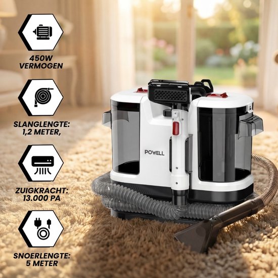 Powell Teppichreiniger - Fleckenreiniger - Sofareiniger - Möbelreiniger - Teppichstaubsauger - Reinigungsmaschine - Teppichreiniger - 450 Watt - Weiß