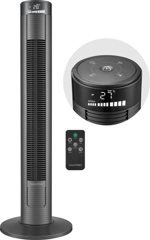 Bloomfold Turmventilator - 38 Zoll - Fernbedienung - Schlafmodus - 12-Stunden-Timer - Voll-LED-Display - Schwarz
