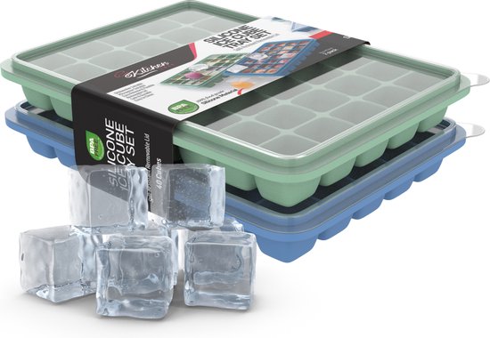 KitchenLove Silikon Eiswürfelform mit Deckel (2 Stück) - 80 Eiswürfel - Quadratisch - BPA frei - 100% Silikon - Grün & Blau
