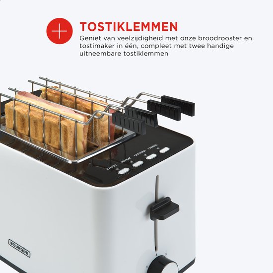 Bourgini Toasti Toaster - Toaster mit Toasti-Klemmen - Weiß - Extra breiter Schlitz für 2 getoastete Sandwiches - Einstellbare Bräunungsstufe und Auftaufunktion