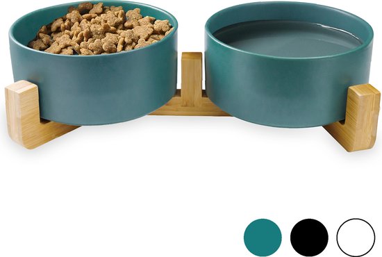 Futternapf Hund - Trinknapf - Mit Bambusständer - 2x 800 ml - Größe M - Grün matt