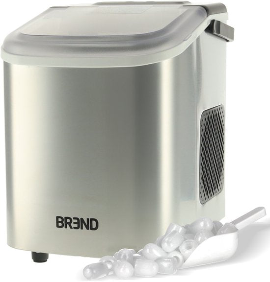 BREND Eiswürfelbereiter - Mit Schaufel und Tropfschale - Unterschiedliche Größen - Tragbar - 10 kg in 24 Stunden - Silber