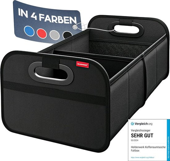 HELDENWERK Kofferraumtasche, faltbar, verstärkt und stabil, Kofferraum-Organizer, Einkaufstasche zur praktischen Aufbewahrung, rutschfeste Auto-Faltbox, Kofferraumbox (schwarz)