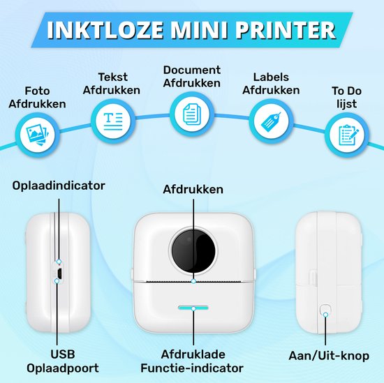 Mini-Drucker für das Handy - inkl. 6 Papierrollen, 5 Aufkleberrollen, 3 Farbrollen und Farbstiften - mobiler Taschendrucker - ohne Tinte - kabellos - weiß