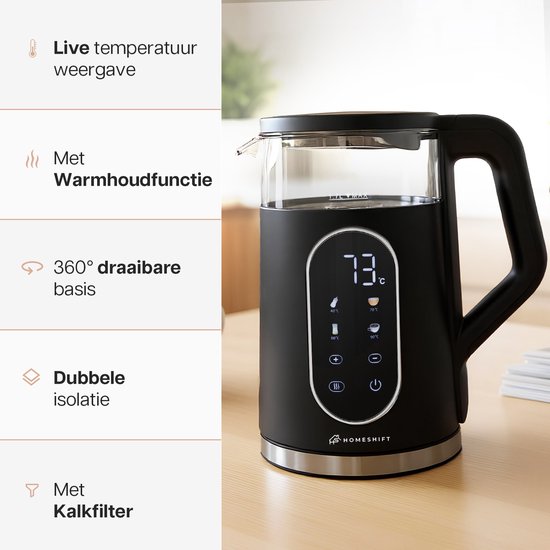 HomeShift® Wasserkocher mit Temperaturkontrolle - Warmhaltefunktion - Doppelwandig - Elektrisch - 1,7 Liter - 2200W - Schwarz