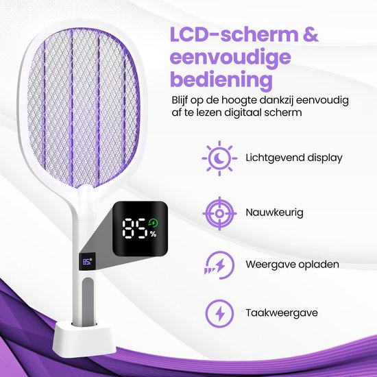 TTD® Premium Elektrische Fliegenklatsche und Mückenlampe Wiederaufladbar mit XXL 2 Meter Ladekabel und LCD Bildschirm - 2 Stufen Fliegenklatsche und Mückenlampe - 2500 Volt - Wiederaufladbar über USB und Steckdose - Mit Sicherheitsnetz - UV Licht - Fliege