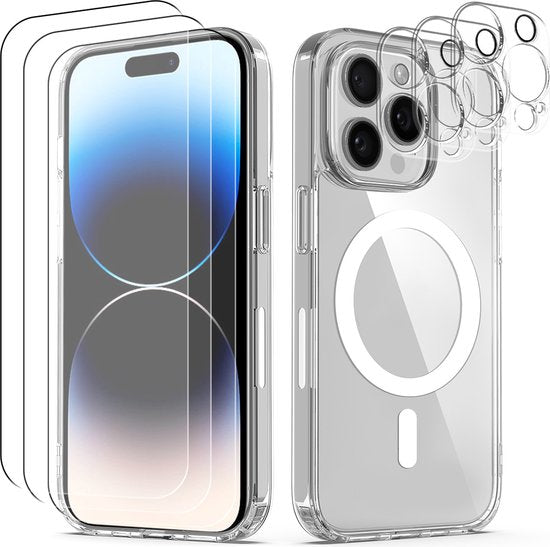 Podec Magsafe Case Passend für iPhone 14 Pro Max - Mit 3x Bildschirmschutz + 3x Kameraschutz - Magnetisch mit Ring Transparent - Handytasche Transparentes Case