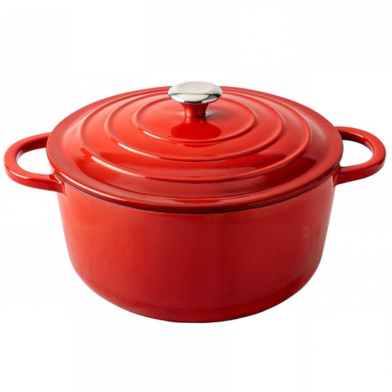 Aviro Gusseisen-Kasserolle - Ø26CM - 5L - Alle Wärmequellen inkl. Induktion - Eintopf - PFAS-frei - Mit Deckel - Rot