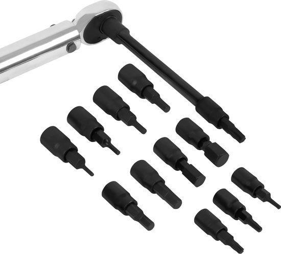 VONROC Drehmomentschlüssel ¼" - 265mm - 5-25Nm - Inkl. 12-teiligem Bitsatz (8 x Inbus, 4 x Torx) und 100mm Verlängerung - im stabilen Aufbewahrungskoffer