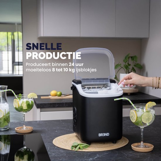 BREND BR-2213 Eiswürfelbereiter - Mit Schaufel und Tropfschale - Große L oder kleine S Eiswürfel - 10 kg in 24 Stunden - Schwarz