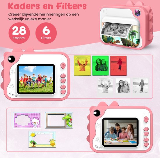 K&L® 3 IN 1 Digitale Kinderkamera + Sofortdruck + Spielkamera - 32GB micro sd Karte - Kamera Kinder - Vlog Kamera mit Spielen - Fotokamera für Kinder - Kleines Spielzeug - Mit Videofunktion - Pink
