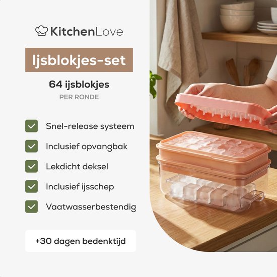 KitchenLove Eiswürfelbereiter - Eiswürfelform mit Deckel & Eisportionierer - 64 Eiswürfel