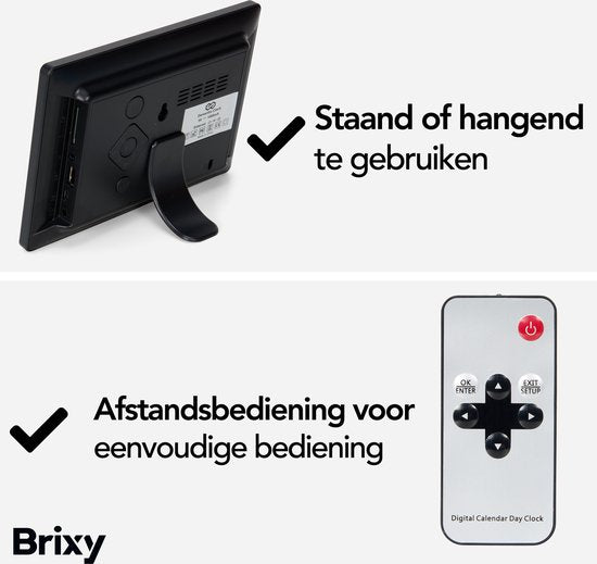 Brixy Demenz-Uhr - 24 Alarmfunktionen - Inkl. Fernbedienung - Automatische Dimmfunktion - Kalenderuhr - Schwarz
