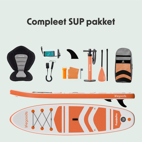 LifeGoods PaddlePro SUP Board - mit Sitz - Aufblasbares Paddle Board - Komplettset - Max. 135KG - 320x81cm - Weiß/Orange