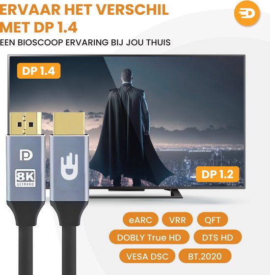 Drivv. Displayport-Kabel - 8K 60Hz - 4K 144 Hz - 32.4GBps - Displayport 1.4 - DP-Kabel - PVC - 1 Meter - Space Grau