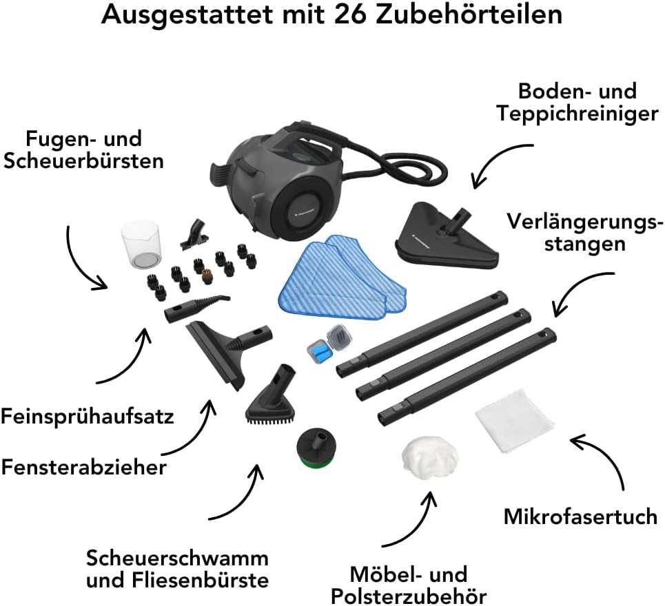 Techweise Dampfreiniger - 100+ Oberflächen - 50 Minuten Dampfen - 4 bar - Reinigungsmaschine