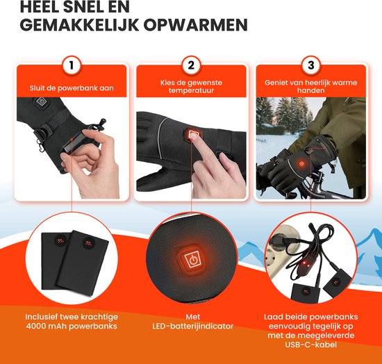 TTD® Beheizte Handschuhe - Größe L - Wiederaufladbar - Drei Wärmestufen - Schwarz