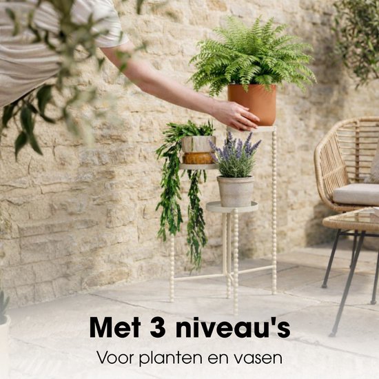Mica Decorations Salvo Pflanzenregal – Pflanzenständer für Zimmerpflanzen – Pflanzentisch für den Innenbereich – Pflanzenuntersetzer mit drei Ablagen – 40 x 40 x 70 cm – Eisen – Offwhite
