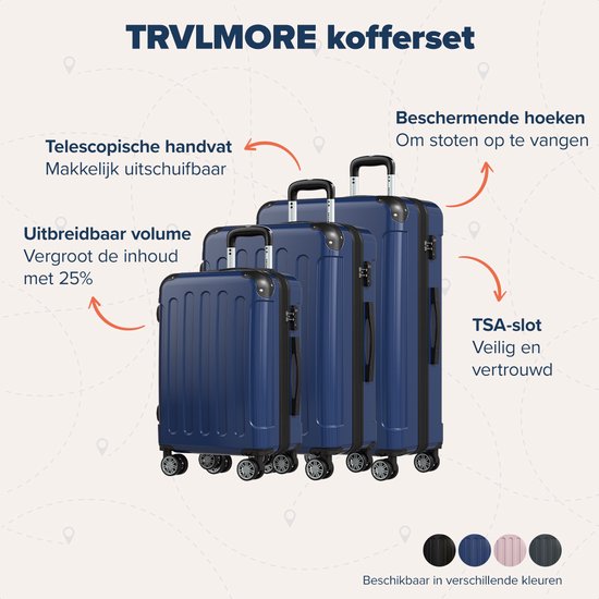 TRVLMORE - Kofferset - 3 Stück - 45L Handgepäck + 75L und 115L geräumiges Gepäck - TSA Schloss - Leichtgewicht - Reisekofferset - Dunkelblau