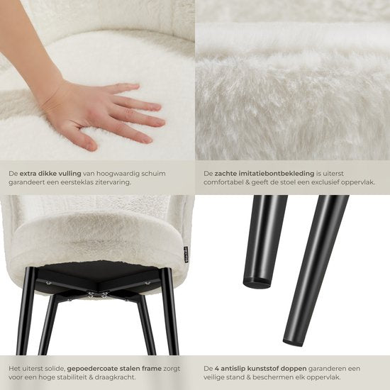 tectake® Sessel Stella - Sessel mit Armlehne - Bequemer Esszimmerstuhl - Küchenstuhl - Dick gepolstert - Für Wohnzimmer und Esszimmer - Mit Kunstfellbezug - creme/schwarz