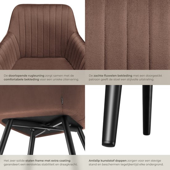 tectake® Esszimmerstuhl Marilyn - Polsterstuhl in Samtoptik - Nahtmuster - Schwarze Stuhlbeine - Ergonomischer Küchenstuhl - Mit durchgehender Rückenlehne und Armlehnen - Stuhl für Wohnzimmer, Esszimmer, Schlafzimmer - Braun