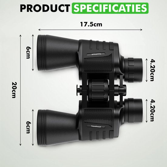 Travelhawk Fernglas - 20x50 - BAK4 - Voll multivergütet (FMC) - Kompaktes Fernglas - Wasserdicht - Mit Umhängekordel, Tragetasche - für Vogelbeobachtung, Jagd, Theater - Schwarz